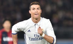 Cristiano Ronaldo celebrates after scoring a hat-trick in the Club World Cup final.