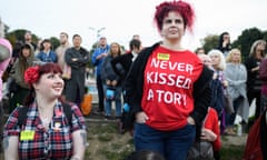 A supporter wears a “Never Kissed a Tory” t-shirt as she listen to a speech at a Momentum rally on September 23, 2017