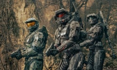 Ready player one … (from left) Pablo Schreiber as Master Chief, Natasha Culzac as Riz and Kate Kennedy as Kai in Halo.