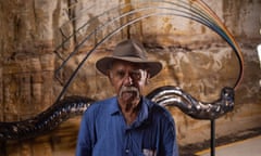 Barkandji man, Badger Bates, premiering his work of a Ngatji (Rainbow Serpent) for the 2022 Biennale in Sydney at the Barangaroo Cutaway, NSW, Australia