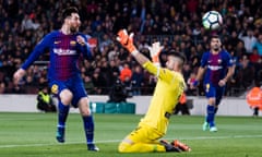 Lionel Messi flicks the ball past Iván Cuéllar of Leganés to score his hat-trick goal and wrap up Barcelona’s 3-1 win.