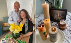 left: Karin Adams holding bowl of daffodils next to her stepfather; right: candles next to framed photo