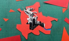Collage of shape of London in red, with dragon and skyline in foreground