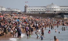 Brighton beach crowded on a hot day on 28 May 2023.