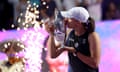 Iga Swiatek with the WTA Finals trophy after beating Jessica Pegula 6-1, 6-0 in 59 minutes.