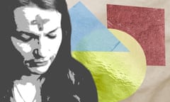 Illustration of a woman with a cross on forehead for Ash Wednesday looking down, with colourful shapes in the background