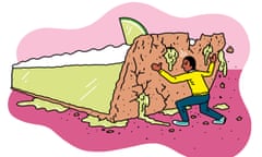 An illustrated facsimile of Stephen Bush tries to hold back the tide of gigantic key lime pudding about to overwhelm him. Yet, like the Little Dutch Boy attempting to plug a leak in the dyke with his finger, he is doomed to failure. If only the builders had included Grape-Nuts in the pie mortar, he might have lived.