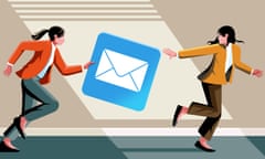 An illustration of two women in office clothes running with an email symbol being passed between them like a baton in a relay race