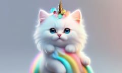 Graphic of a fluffy white kitten with big blue eyes, a little gold unicorn horn and pastel stripes