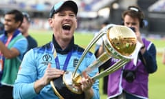 England's captain Eoin Morgan celebrates with the World Cup trophy at Lord's