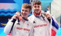 Britain's Jack Laugher (left) and Anthony Harding with the bronze medals won in the men's synchronised 3m springboard final in Paris.