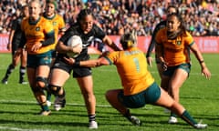 Sylvia Brunt of New Zealand scores a try in the Black Ferns’s hammering of Australia’s Wallaroos in Hamilton.