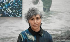 Winner of the 2024 Artes Mundi prize, Taloi Havini, photographed next to her installation at Chapter Arts centre in Cardiff.