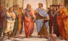 Vatican Museum<br>The School of Athens, Detail of a mural by Raphael painted for Pope Julius IIIn the center Plato (Leonardo da Vinci) discourses with Aristotle, 1509, Raphael, Room of the Segnatura, Vatican Museum. (Photo by: Godong/UIG via Getty Images)