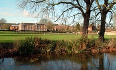 Winchester college’s science hall as seen from the banks of the River Itchen