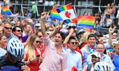 Prime Minister Justin Trudeau Marches In Toronto Pride Parade<br>(160704) -- TORONTO, July 3, 2016 (Xinhua) -- Canadian Prime Minister Justin Trudeau (C) waves a flag as he takes part in the 2016 Toronto Pride Parade in Toronto, Canada, July 3, 2016. (Xinhua/Zou Zheng)PHOTOGRAPH BY Xinhua / Barcroft Images London-T:+44 207 033 1031 E:hello@barcroftmedia.com - New York-T:+1 212 796 2458 E:hello@barcroftusa.com - New Delhi-T:+91 11 4053 2429 E:hello@barcroftindia.com www.barcroftimages.com