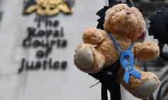 A teddy bear set up by supporters of Charlie Gard’s family outside the Royal Courts of Justice in London