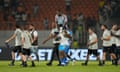 DR Congo's goalkeeper Lionel Mpasi (top centre) celebrates after scoring the winning penalty against Egypt