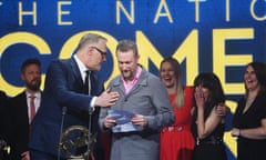 Alex Horne and Greg Davies receive the award for best comedy entertainment show for Taskmaster at the National Comedy awards on 2 March