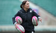New Wallaroos coach Joanne Yapp pictured with rugby balls during Barbarians training when she was their head coach in November 2021