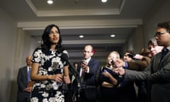 Huma Abedin, a longtime aide to Hillary Clinton, speaks to the media in Washington on 16 October 2015.