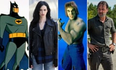 Composite of tv series based on comic books: Batman - The Animated Series, Jessica Jones, The Incredible Hulk and The Walking Dead