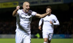 Pablo Zabaleta of West Ham United celebrates scoring.