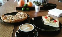 Coffee and a selection of cakes on the counter at Bitcoin Coffee in Prague, Czech Republic. The cafe only accepts the cryptocurrency Bitcoin.