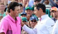 The Masters - Final Round<br>AUGUSTA, GA - APRIL 08: Rory McIlroy (R) of Northern Ireland congratulates Patrick Reed (L) of the United States as they stand on the 18th green on Reed's 15-under-par 71 to win the 2018 Masters Tournament at Augusta National Golf Club on April 8, 2018 in Augusta, Georgia. (Photo by David Cannon/Getty Images)