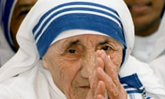 Mother Teresa greeting people at the Missionaries of Charity For Destitute Children in New Delhi in 1997