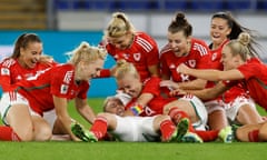 Wales players celebrate Jessica Fishlock’s winner against Bosnia-Herzegovina.