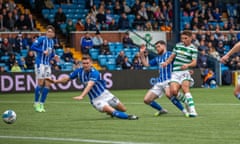 Matt O'Riley celebrates after scoring Celtic’s fourth goal against Kilmarnock.