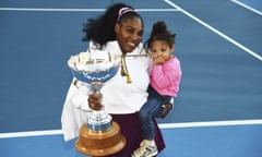 Serena Williams from the United States with daughter Alexis Olympia Ohanian Jr. and the ASB trophy after winning her singles finals match against United States Jessica Pegula at the ASB Classic in Auckland, New Zealand, Sunday, Jan 12, 2020. (Chris Symes/Photosport via AP)