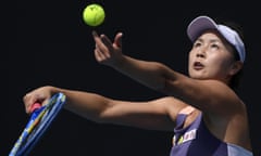 Peng Shuai serves to Japan's Nao Hibino during a singles match at the Australian Open in 2020.