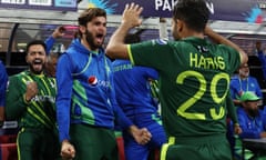 Shaheen Afridi celebrates with Mohammad Haris