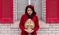 woman mask red coat shutters