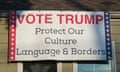 Trump Supporter House, Long Island, New York, USA - 02 Nov 2016<br>Mandatory Credit: Photo by Ann Parry/ZUMA Wire/REX/Shutterstock (6938841b) Political banner ‘’VOTE TRUMP Protect Our Culture Language &amp; Borders’’ supporting the Republican presidential candidate is near roof of Eileen Fuscaldo, who had a variety of pro-Trump anti-Clinton displays. Trump Supporter House, Long Island, New York, USA - 02 Nov 2016