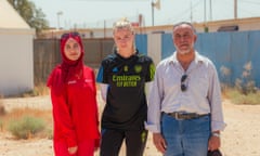 Leah Williamson at the Za’atari refugee camp in Jordan with 16-year-old Rahaf and her father, Mustafa