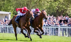 Brametot overtakes Le Brivido in the closing stages of the French 2,000 Guineas