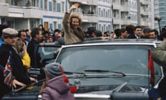 Margaret Thatcher waving from a car in Moscow in 1987.