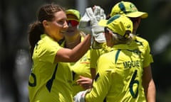 Darcie Brown celebrates dismissing Omaima Sohail of Pakistan during game two in the women's ODI series at Allan Border Field.