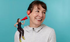 Zoe Williams wearing earphones, small figure with megaphone on her shoulder