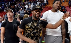 NBA: Atlanta Hawks at Miami Heat<br>Nov 27, 2018; Miami, FL, USA; Floyd Mayweather Jr. (left) stands next to former NBA player Archie Goodwin (right) after a game between the Atlanta Hawks and the Miami Heat at American Airlines Arena. Mandatory Credit: Steve Mitchell-USA TODAY Sports