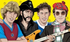 (Left to right) Aston Villa's Tony Morley, Mötorhead's Lemmy, Ipswich Town's Terry Butcher and Watford chairman Elton John.