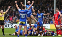 Olly Woodburn (centre) and his Exeter Chiefs teammates celebrate victory at the final whistle in their Investec Champions Cup round of 16 match agsinst Bath Rugby.