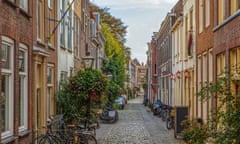 Street in Leiden downtown, Netherlands<br>Street with historical houses in Leiden downtown, Netherlands