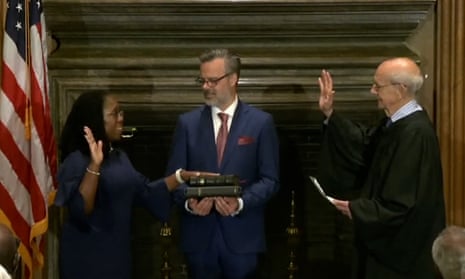 Ketanji Brown Jackson sworn in as first Black female supreme court justice – video