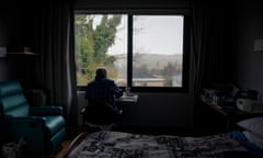 Jack Featherstone in his residential aged care room where he paints with a safety pin in time  to classical music at Braidwood Multipurpose Service in Braidwood, NSW, Australia