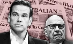 Lachlan (left) and Rupert Murdoch composite image with newspaper titles in background
