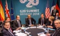 (L-R) Spain's President Mariano Rajoy Brey, Italy's Prime Minister Matteo Renzi, President of France Francois Hollande, U.S. President Barack Obama, Britain's Prime Minister David Cameron, Germany's Chancellor Angela Merkel and European Commission President Jean-Claude Juncker attend the Transatlantic Trade and Investment Partnership (TTIP) meeting in Brisbane, Australia, Sunday, Nov,14, 2014. (AAP Image/POOL/Glen Hunt) EDITORIAL USE ONLY NO ARCHIVING